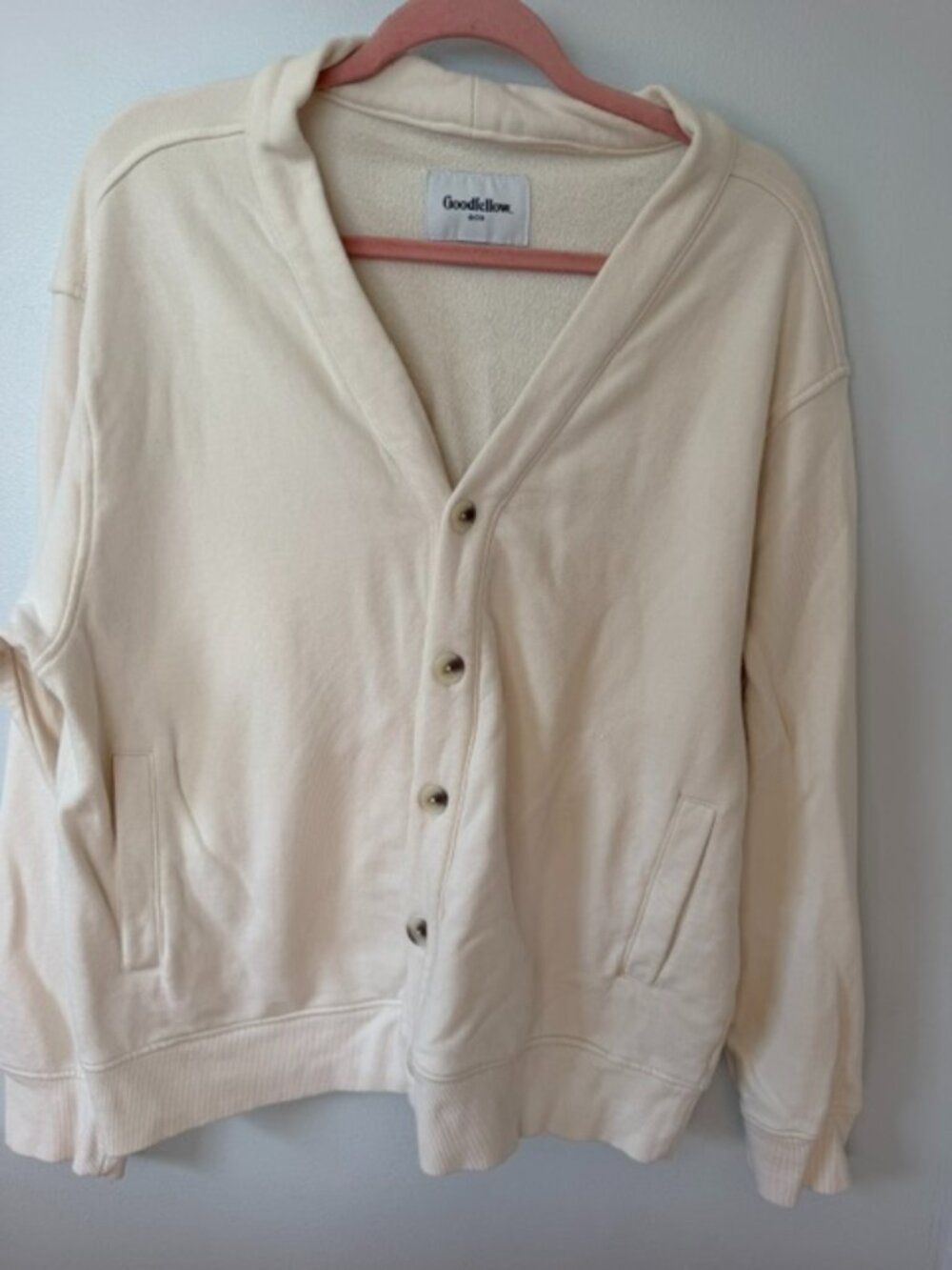 Goodfellow & Co Men Cardigan with button in a cream color. Size: Large Preppy